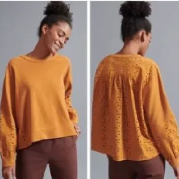 (BOGO FREE) ANTHROPOLOGIE Pilcro Maura Eyelet Lace Sweatshirt Mustard Yellow S - Picture 1 of 6